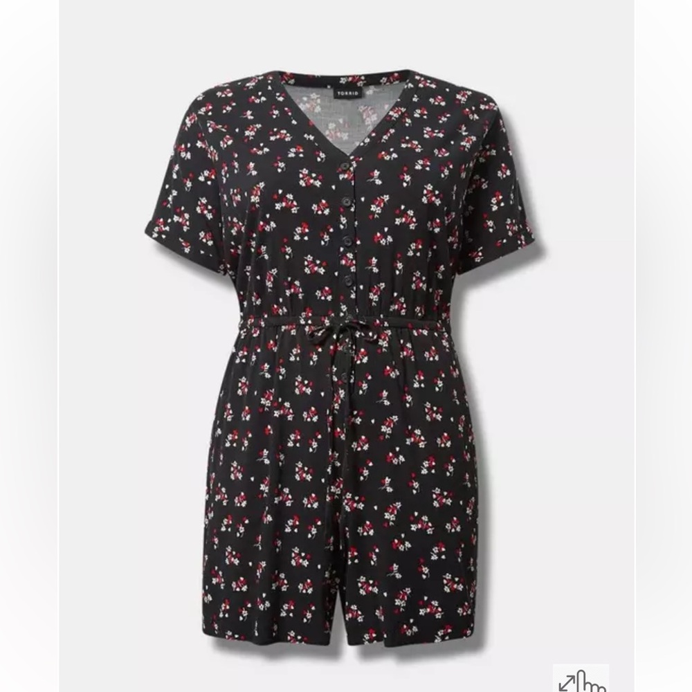 Torrid Black Romper with Red and White Floral Pattern